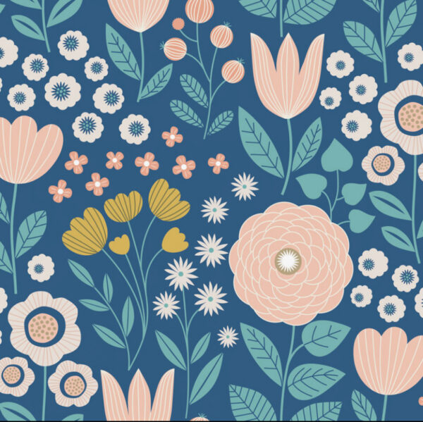 Coton biologique fleurs fond bleu